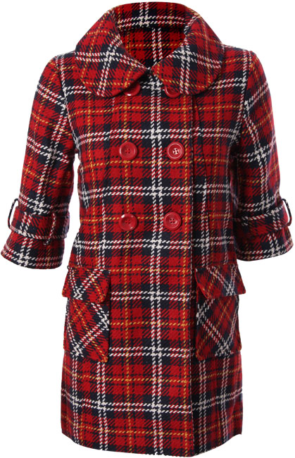 Double nreasted woven check coat with 3/4 length sleeves