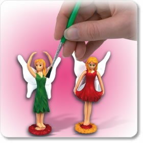 A pack of two petite fairy figures to be decorated with the paints and brush included. There are