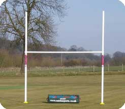 9ft 6 wide x 12ft high with a 6ft 6 crossbar. Light and easy to assemble. The posts are secured by