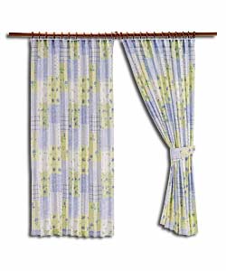 Pair of Blue Patchwork Flowers Curtains with Tie-Backs.