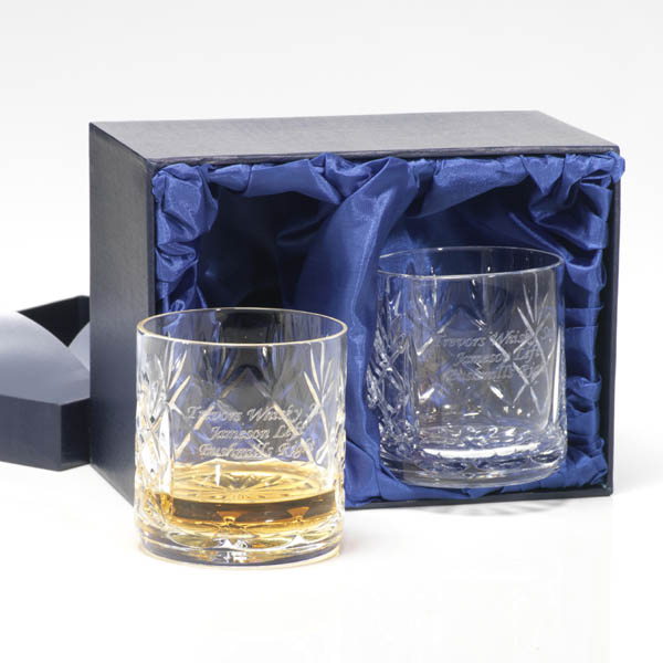 Unbranded Pair Of Engraved Cut Crystal Whisky Tumblers