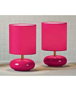 Pink ceramic bases with pink fabric shades.In-line on/off switch.Height 26cm.Shade diameter 15cm.Req