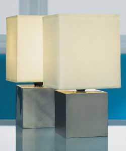 Satin steel base with ivory fabric shade.4 steps touch sensor switch.Height 25cm.Shade size