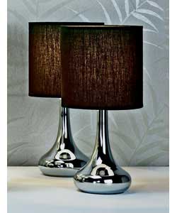 Chrome finish bases with black fabric shades.4 step touch sensor on/off switch.Height 32.5cm.Shade