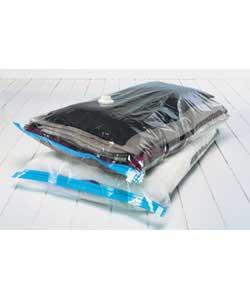 Clear plastic storage bags that allow bulky fabric and knitwear items to be compressed in a vacuum