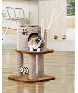 Multi-tiered cat adventure centre with places to hide and rattle filled toys to play with.Made with