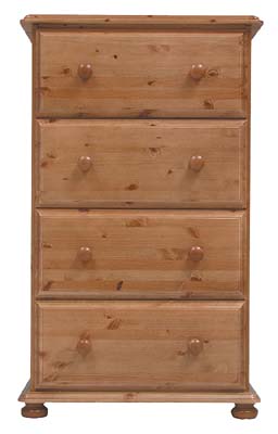 PINE 4 DRAWER WELLINGTON CHEST.THE DRAWERS HAVE DOVETAILED JOINTS WITH TONGUE AND GROOVED BASES AND
