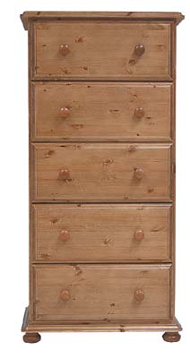 PINE 5 DRAWER WELLINGTON CHEST.THE DRAWERS HAVE DOVETAILED JOINTS WITH TONGUE AND GROOVED BASES AND