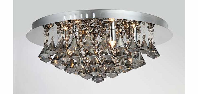 The Parma is a dense cluster of crystal cones hanging from a reflecting chrome plate creating sparkle and glamour in any room. Size H20. W48. D48cm. Drop 20cm. Diameter 48cm. Suitable for use with low energy bulbs. Not suitable for bathroom use. Asse