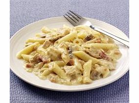 Penne pasta with succulent pieces of chicken cooked in a creamy cheese and bacon sauce.
