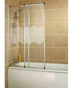 Fully framed two panel sliding bath screen.  Pearl silver effect finish, wave glass design.  Fitted 