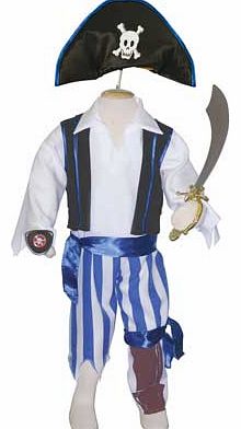 This set includes blue striped trousers with a peg leg. waistcoat. shirt. pirate skull and cross-bones hat and then to complete the pirate look an eye patch. blue sash and a cutlass. This costume is machine washable. Suitable for height 116 to 128cm.