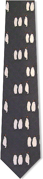 A sweet penguin tie, featuring penguins in sets of threes on a dark grey background.