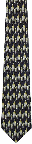 A classic penguin tie, featuring lots of little penguins on a black background.
