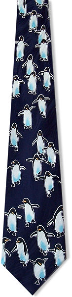 Lots of penguins walking on a patterned navy blue background