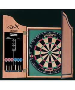 Wooden cabinet with shaped doors, chalk board scoring.Official tournament size pdc endorsed bristle 
