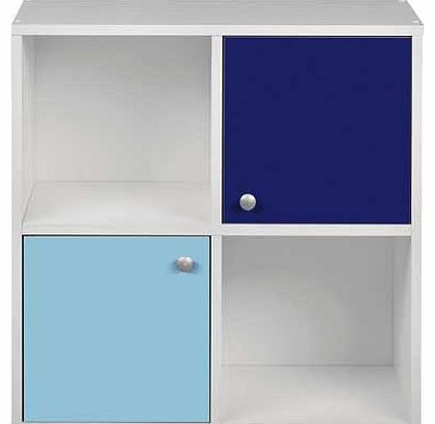 This cute Phoenix 2 Half Door Cube contains four storage cubes - two with doors and two left open. perfect for displaying ornaments or easy access to your most frequently needed items. The white casing is complemented by two tones of blue on the door