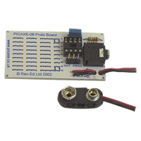 The proto board kit consists of a small self-assembly board to allow rapid prototyping of PICAXE-08 