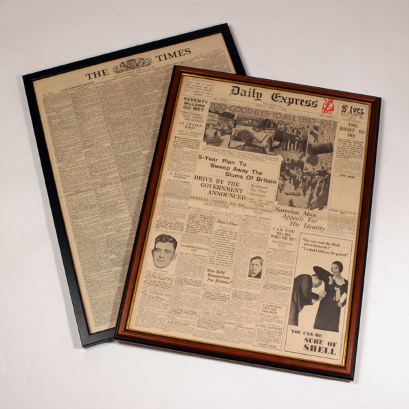 Display your complete Original Newspaper in a hand-finished picture frame which has been especially 