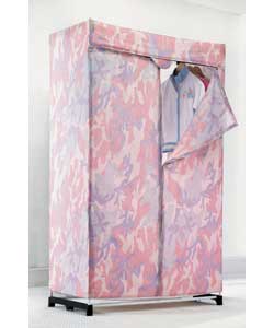Easy to assemble pink camouflage single wardrobe. Has tubular steel inner supports on plastic