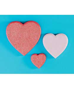Set of 3 pink sparkly suedette heart shape wall art.Size - Large (H)33.2 x (W)35cm. Medium (H)23.7 x