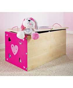 Ideal for a childs room. Detachable lid with no finger-trap; hinges. Beech effect and pink. Size: