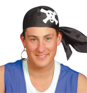 Ride the seven seas as a pirate. Black scarf/hat with printed skull and cross bones.