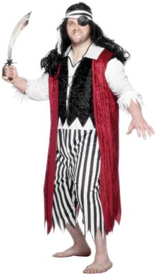 This extra large pirate costume comes with Top  Trousers  Waistcoat and Headpiece Chest 46-50