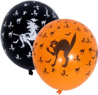There are witches on one side and cats on the other of this pack of orange and black balloons for Ha