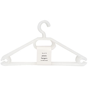 Pack of 10 plastic hangers with turnable hooks. Suitable for trousers or skirts, a loop under the ho