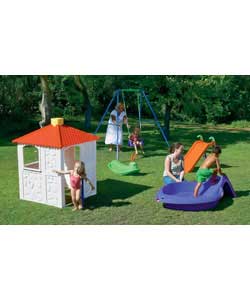 Ideal starter set which includes playhouse, swing frame and swing, slide and fish pool with