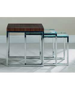 Size of largest table (L)50, (W)50, (H)52cm.Larger table has chrome effect metal frame with a walnut