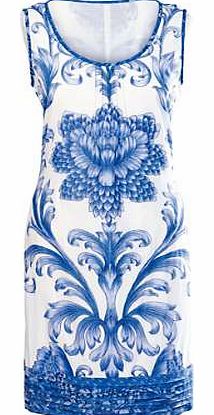 Stunningly feminine blue floral printed, figure flattering shift dress with flattering round neck and pleats at neckline and hem. Concealed side zip fastening and fully lined. Pomodoro Sundress Features: Washable 100% Cotton Length approx. 92 cm (36 