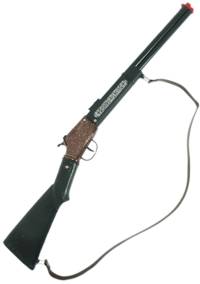 Ride the range with a rifle slung across your cowboy horse. This toy rifle fires paper caps and can