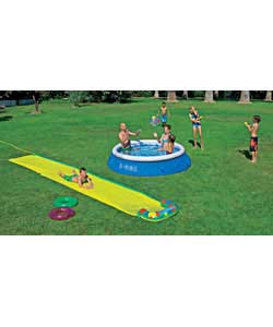Includes: 2 x 9in water guns. 1 x 20ft slide.2 x 20in swim rings. 1 x 16in ball. 1 x pool - suitable