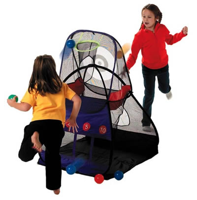 Fabulous pop up tent/sports combo featuring 3 games in one: Basketball; Power zone Pitch n Catch
