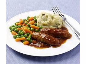 Two delicious pork and leek sausages in a rich Somerset cider gravy. Served with peas, Colcannon mash and carrots.