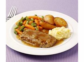 A tender pork steakette in a tasty onion gravy. Served with both roast and mashed potatoes, green beans and carrots.