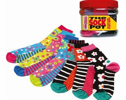 Pot of Funky Odd SocksThe Sock Pot contains 6 single odd socks which you can mix and mismatch together to suit your mood.Dont wear boring socks when you can stand out in the crowed with these funky, bright and vibrant socks.Each sock has a different 