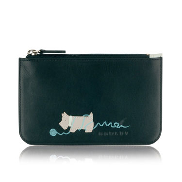 A useful flat zip pouch decorated with a fun applique design of the Radley dog playfully tangled up 