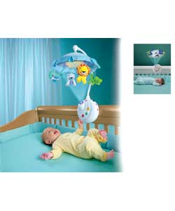 This is a projection mobile with a canopy that brings the light show closer to baby. A delicate cano