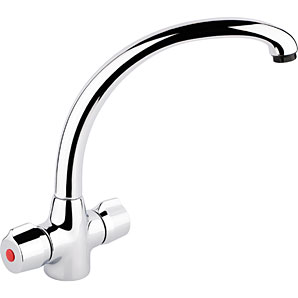 The Premier Lyon kitchen tap in chrome is a dual flow cruciform mixer with a quarter-turn ceramic di