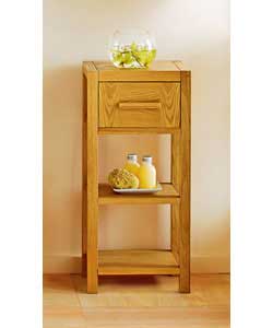 Unit featuring solid wood and oak veneer.1 drawer and 2 shelves.Size (W)40, (D)30, (H)87cm. Packed f