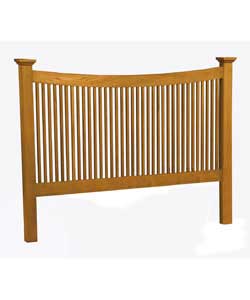Solid wood slatted headboard with natural oak finish and adjustable fixing struts. Features square c