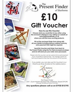 10 Gift Voucher for The Present FinderIf your imagination is still struggling why dont you buy them a Present Finder Gift Voucher. It is valid for use on our web site or in our shop. It includes lots of ideas on the voucher or the recipient can alwa