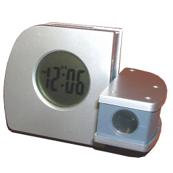 Silver radio-controlled projection alarm clock. It