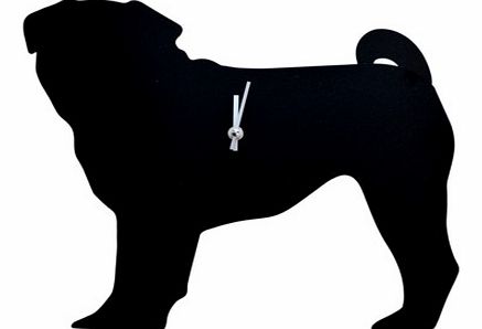 Pug Clock with Wagging TailNow an adorable Pug Dog has joined our family of Animal Shaped Clocks, all with wagging tails.The black silhouette style clock is cut in the shape of a cheeky pug dog with the added fun factor, that its tail wages with the 
