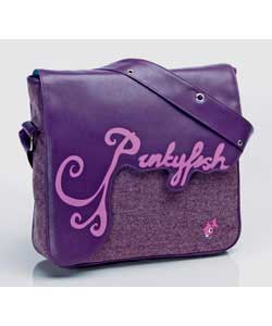 Punkyfish shoulder holder, messenger bag. Colours purple and blue. Material tweed, leatherette PVC a