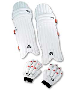Gunn and Moore. Batting pad and glove set. Ambidextrous batting glove fits left or right handed