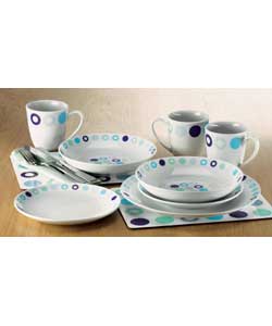 Porcelain. Dinner place diameter 27cm. Mug capacity 12oz. Dishwasher and microwave safe. Placemats